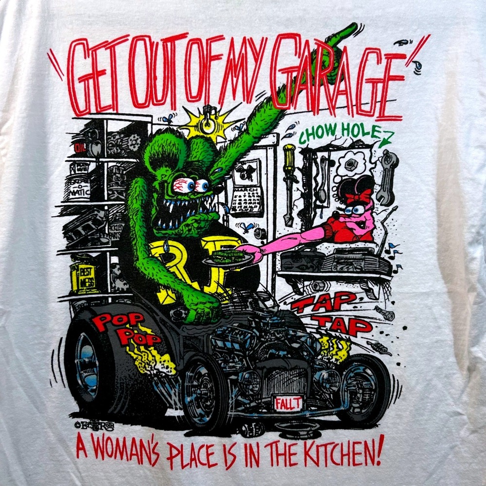 Rat Fink Men White Get Out Of My Garage Graphic T-Shirt *HOLE* L Ed Roth Hot Rod